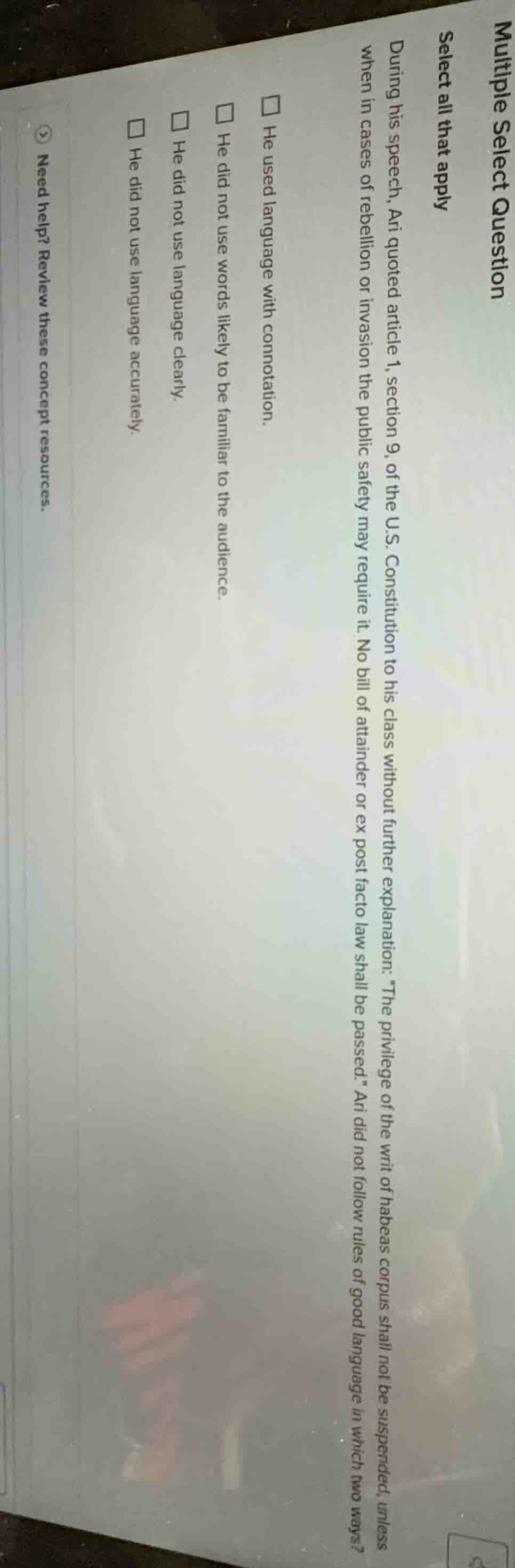 multiple select question select all that apply during his speech, ari q…