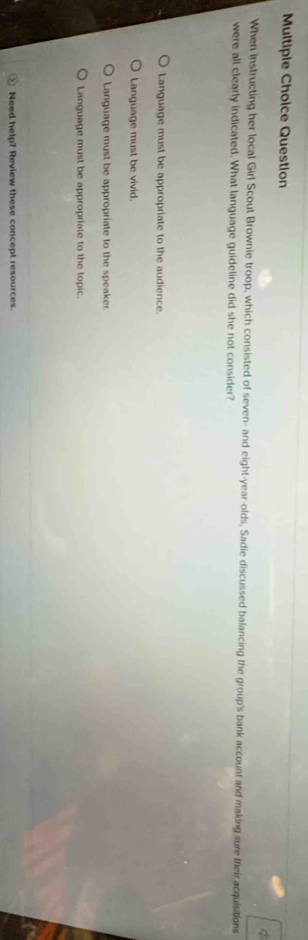 multiple choice question when instructing her local girl scout brownie …