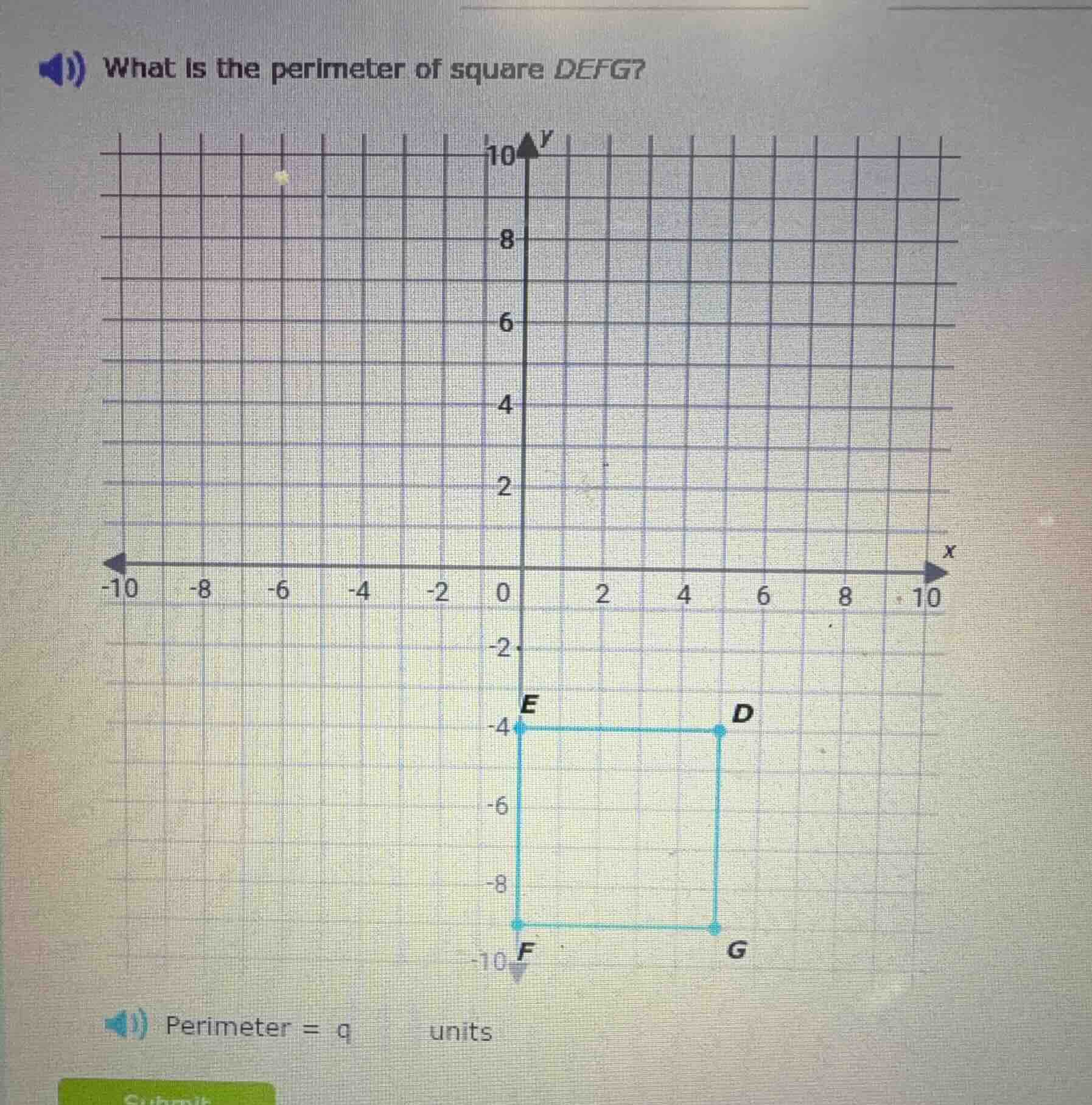 what is the perimeter of square defg? perimeter = q units