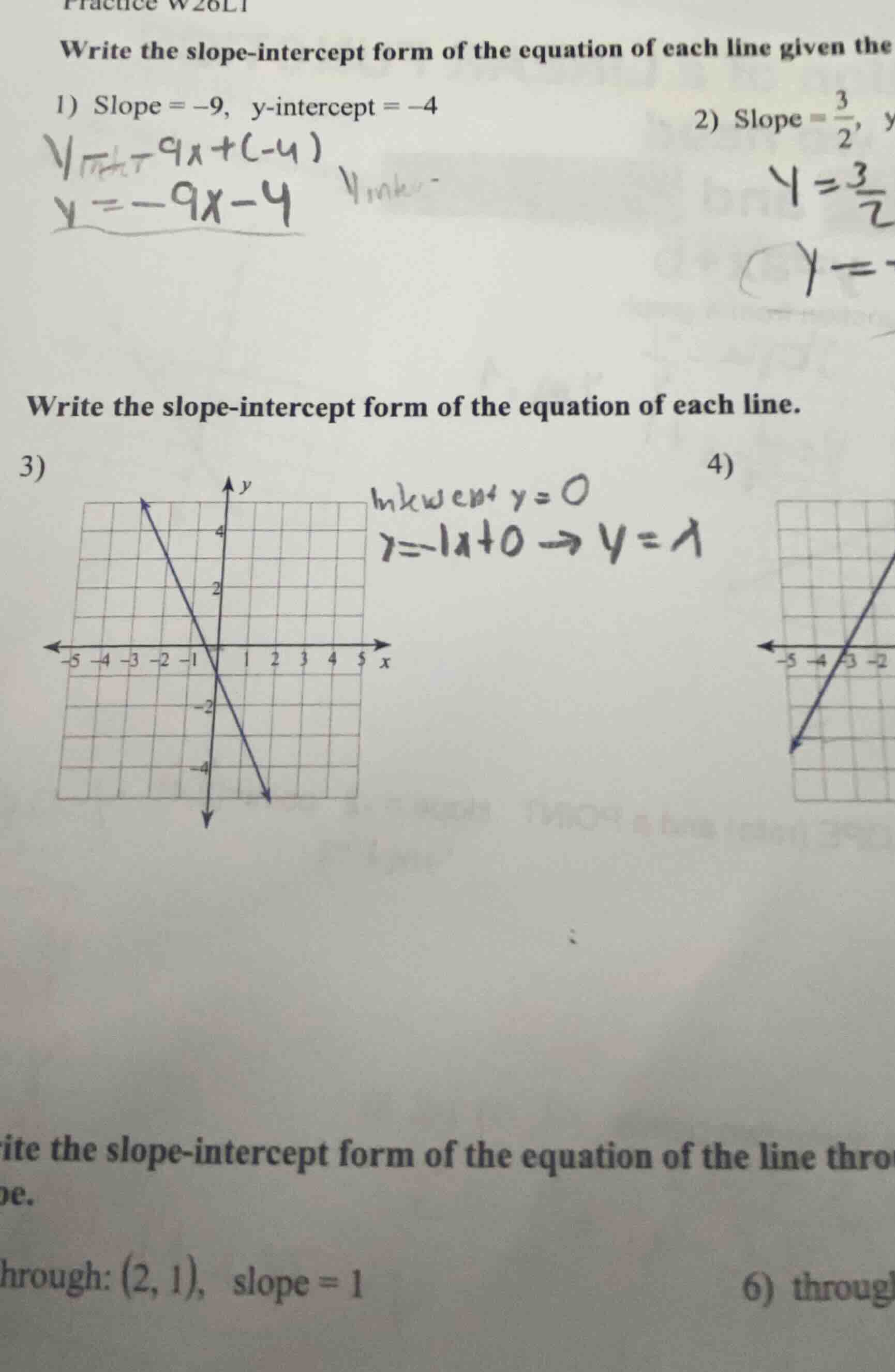 practice w26l1 write the slope-intercept form of the equation of each l…
