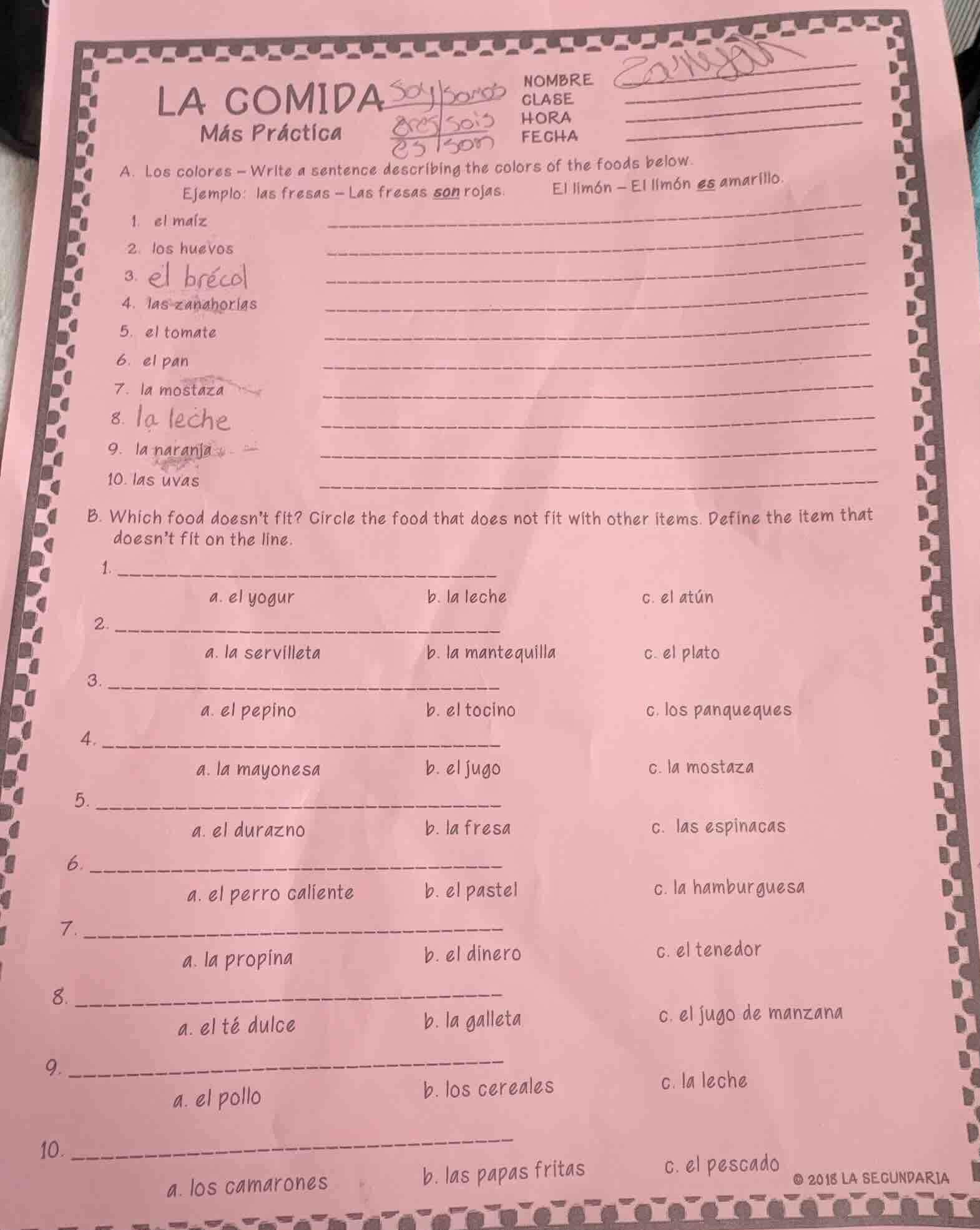 la comidamás prácticanombreclasehorafechaa. los colores - write a sente…