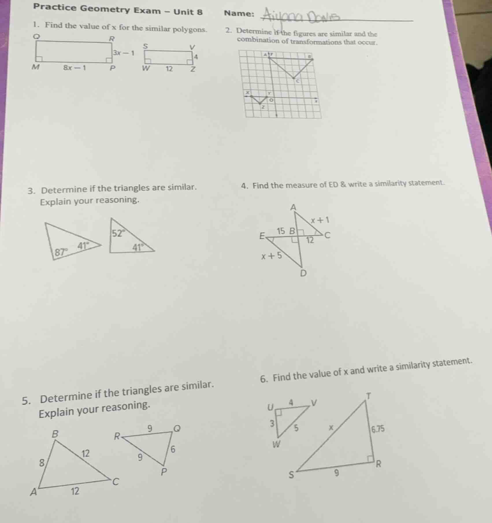 practice geometry exam - unit 8name:1. find the value of x for the simi…