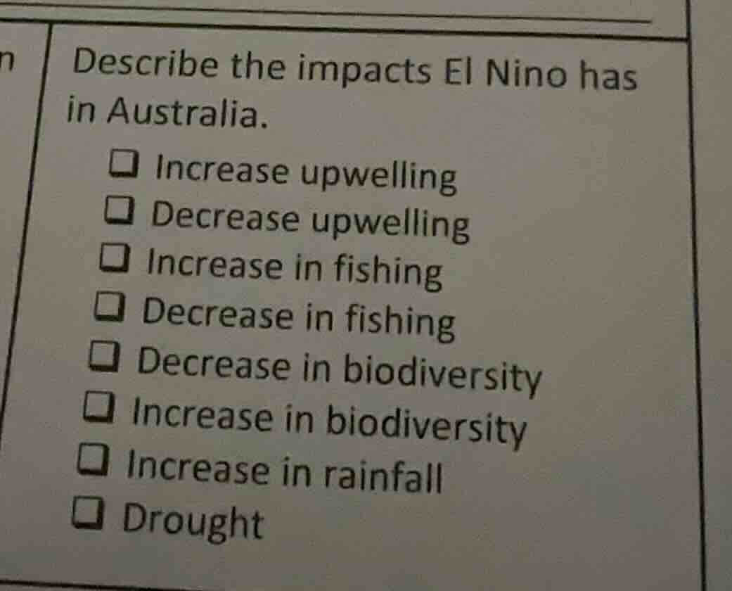 describe the impacts el nino has in australia. □ increase upwelling □ d…