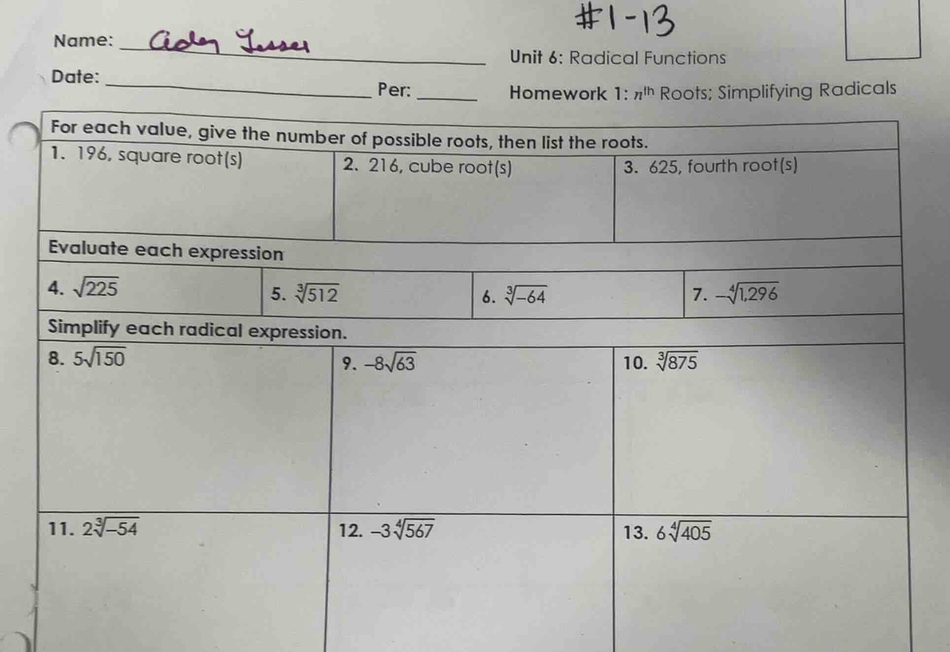 #1-13 name: unit 6: radical functions date: per: homework 1: $n^{th}$ r…