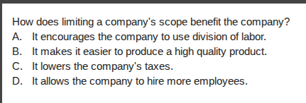 how does limiting a companys scope benefit the company?\na. it encourages the company to use division of labor.\nb. it makes it easier to produce a high quality product.\nc. it lowers the companys taxes.\nd. it allows the company to hire more employees.