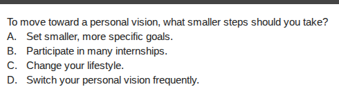 to move toward a personal vision, what smaller steps should you take?\na. set smaller, more specific goals.\nb. participate in many internships.\nc. change your lifestyle.\nd. switch your personal vision frequently.