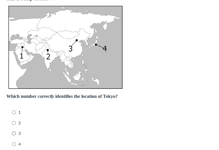 which number correctly identifies the location of tokyo?\n○ 1\n○ 2\n○ 3\n○ 4