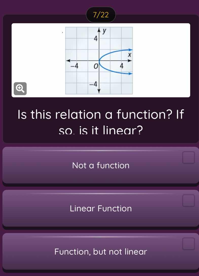 7/22 is this relation a function? if so, is it linear? not a function l…