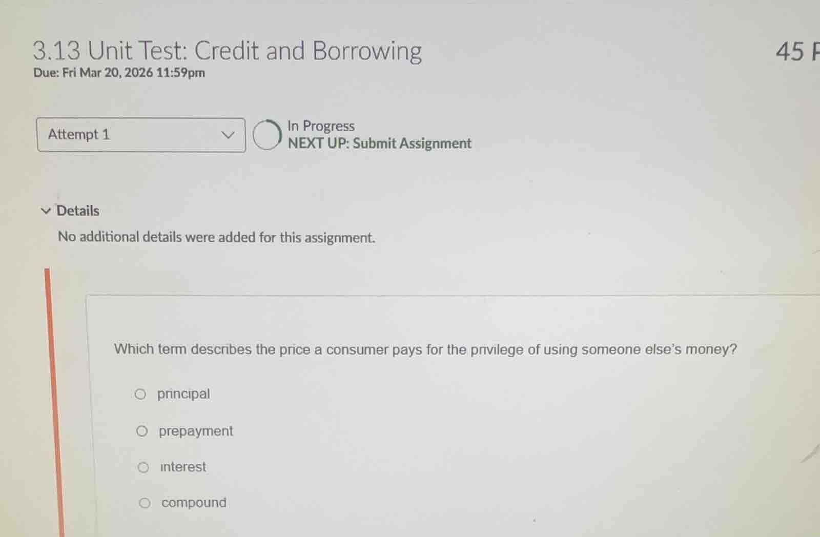3.13 unit test: credit and borrowing due: fri mar 20, 2026 11:59pm 45 p…