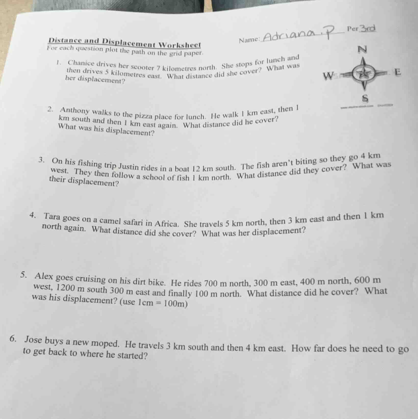distance and displacement worksheet name: adriana.p per3rd for each que…