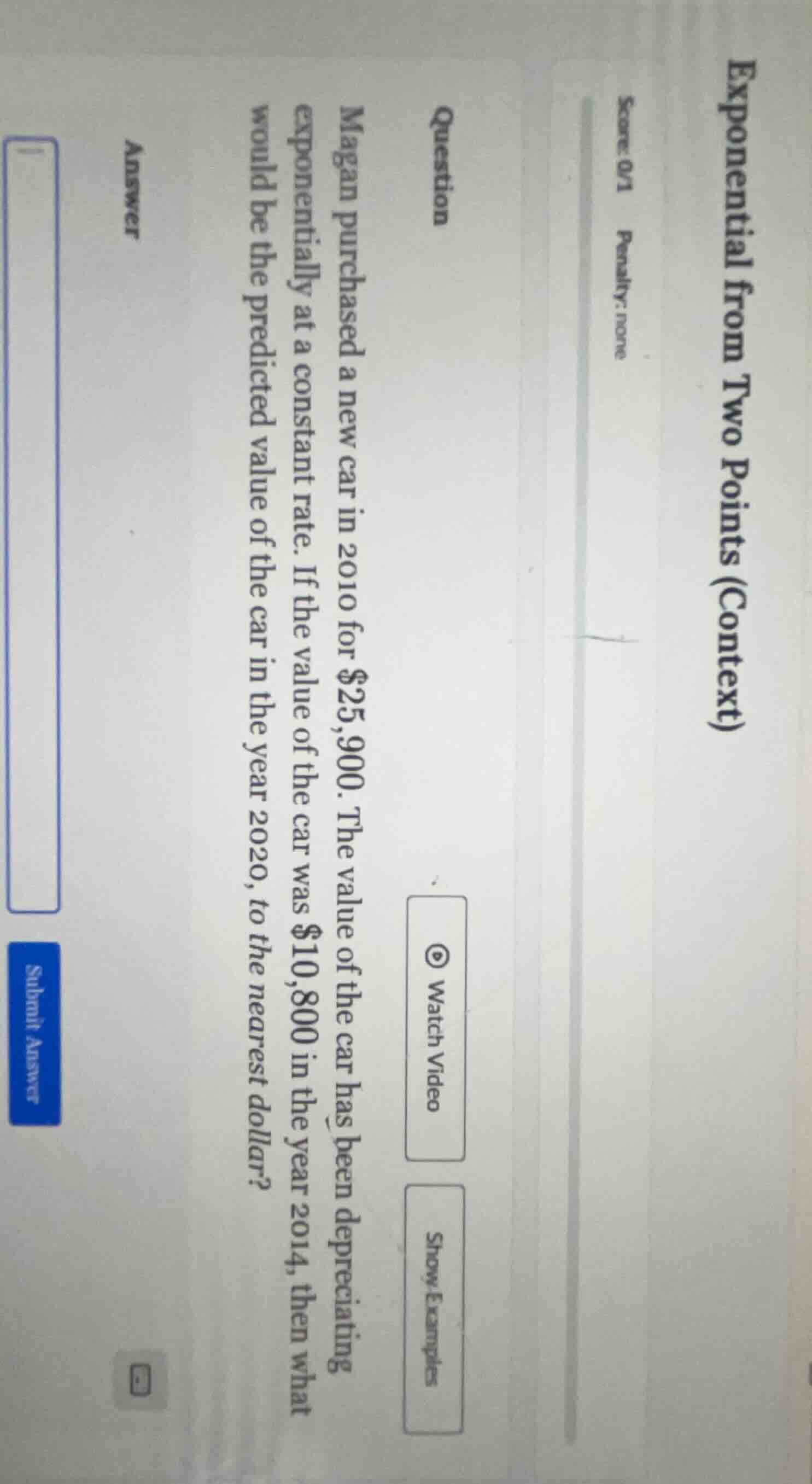 exponential from two points (context)score: 0/1 penalty: nonequestionma…