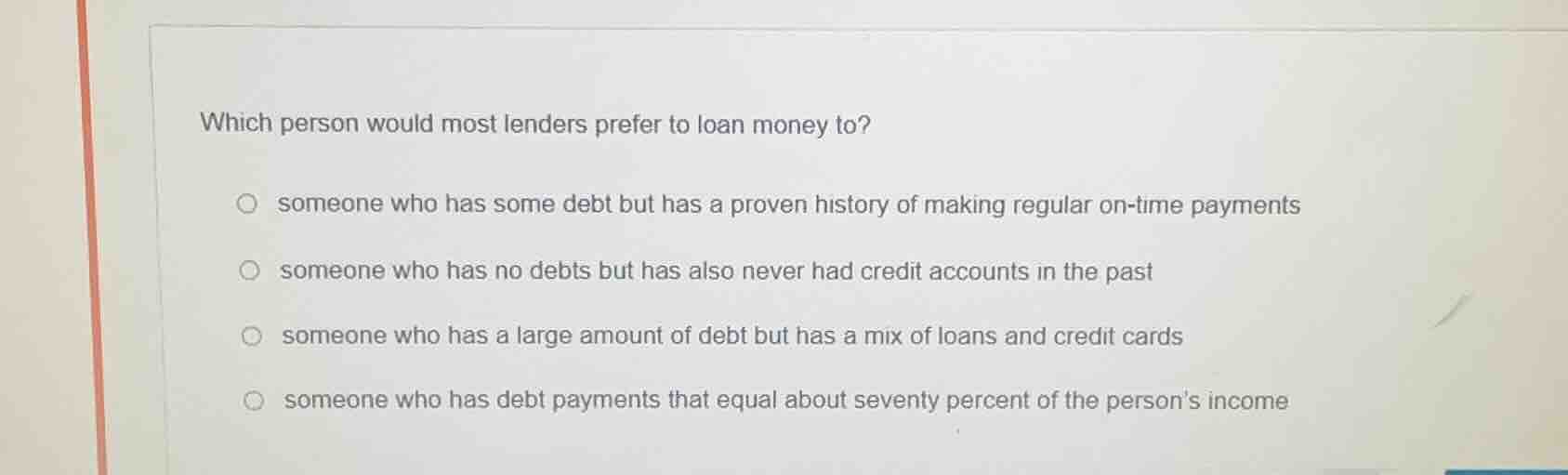 which person would most lenders prefer to loan money to? someone who ha…