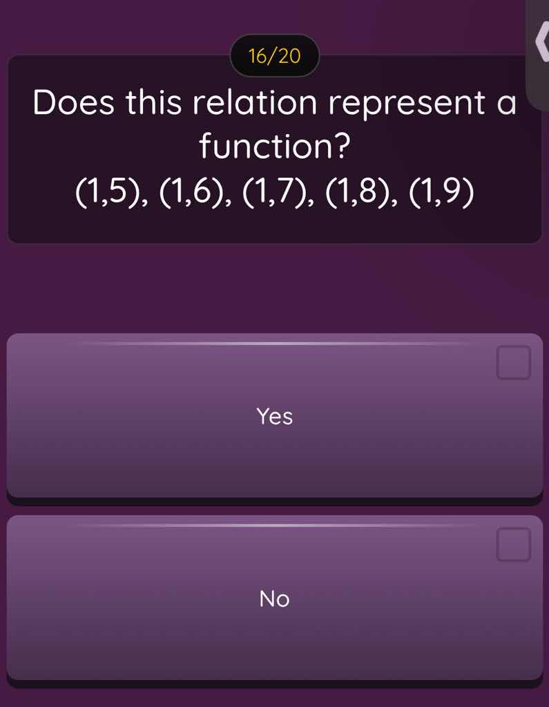 16/20 does this relation represent a function? (1,5), (1,6), (1,7), (1,…