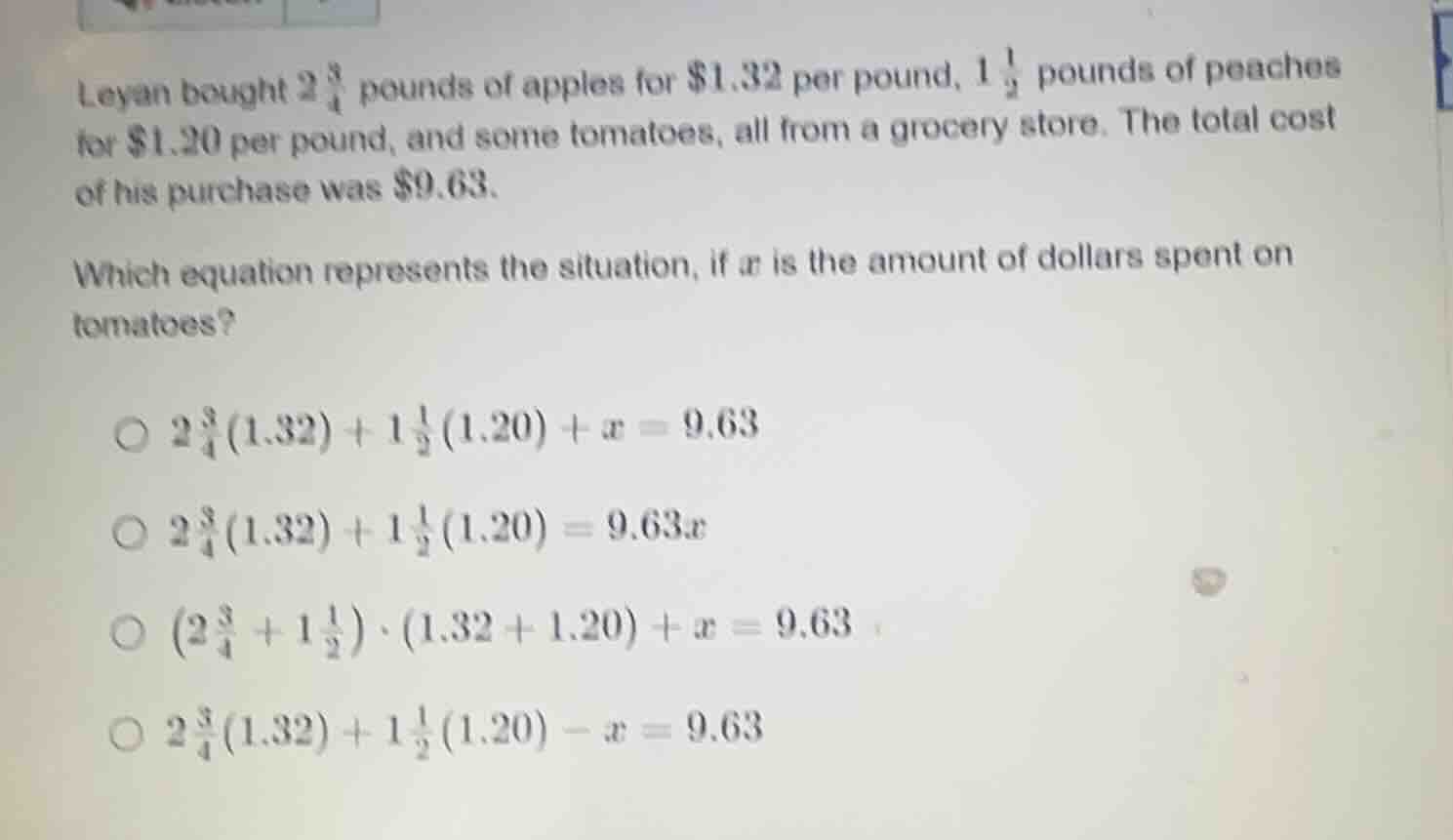 leyan bought $2\\frac{3}{4}$ pounds of apples for $1.32 per pound, $1\\…