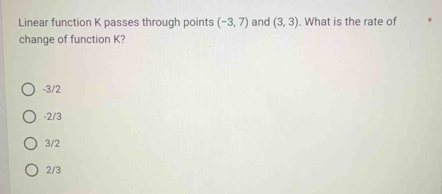 linear function k passes through points $(-3, 7)$ and $(3, 3)$. what is…