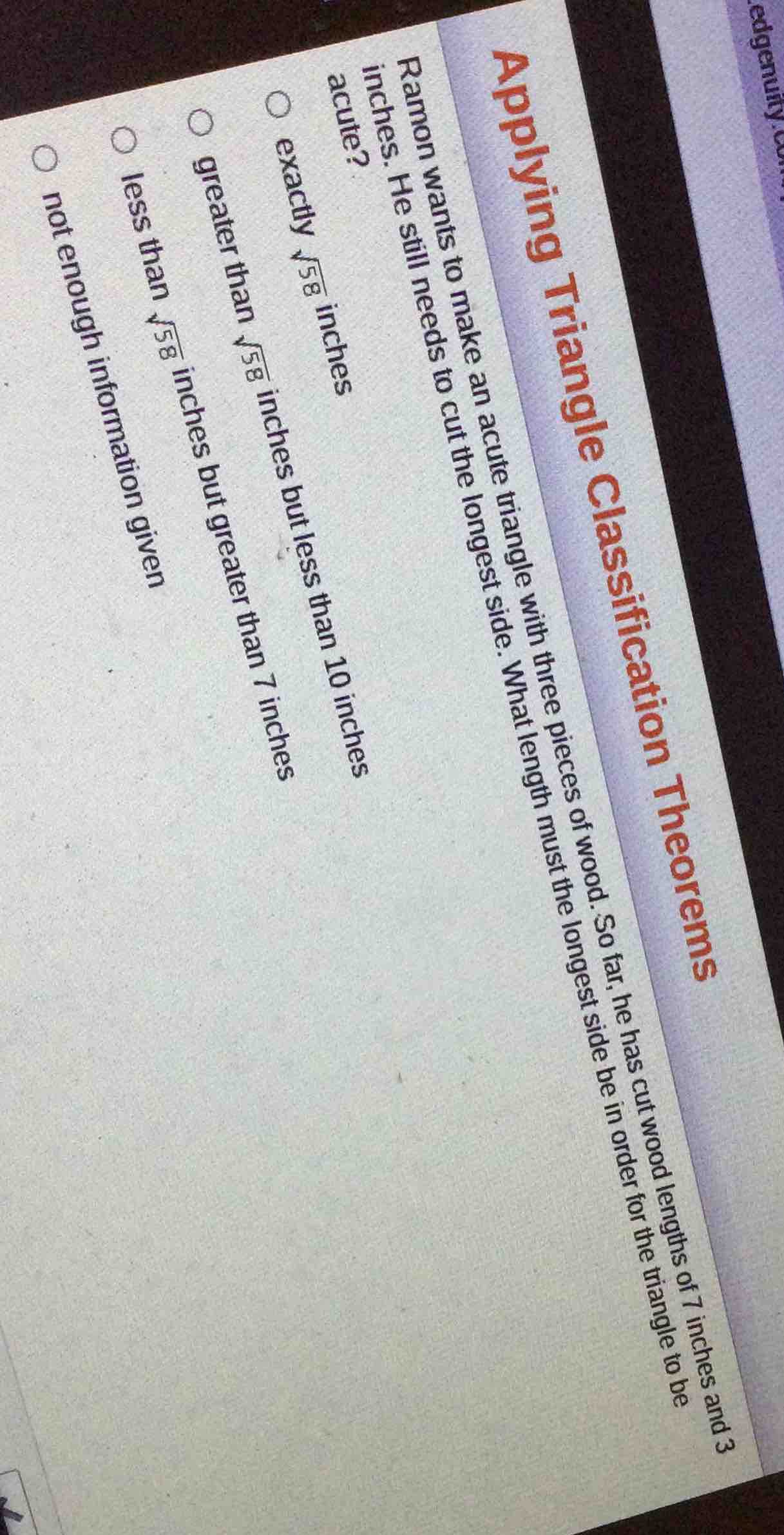 applying triangle classification theorems ramon wants to make an acute …