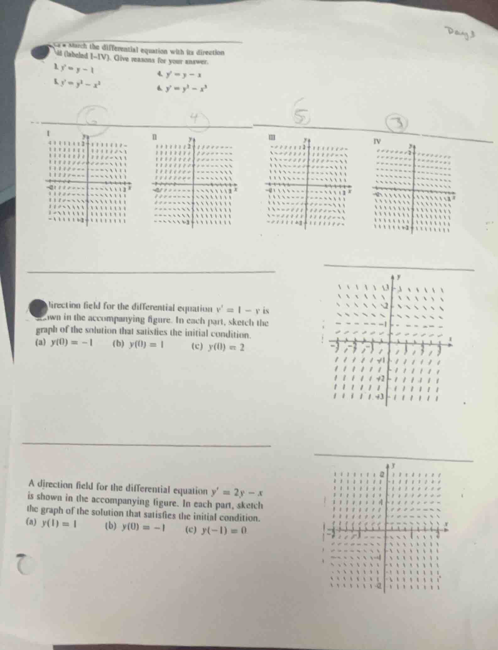match the differential equation with its direction field (labeled i-iv)…