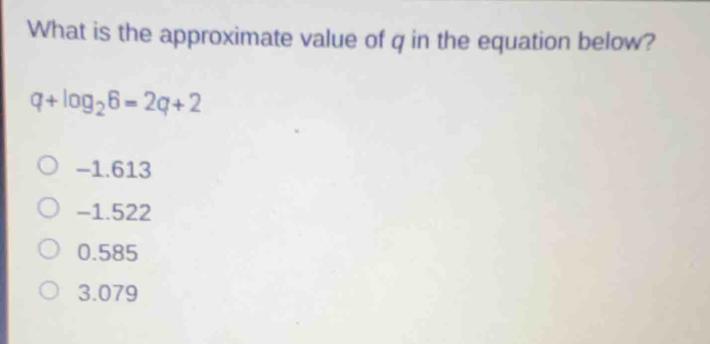 what is the approximate value of $q$ in the equation below? $q+\\log_{2…