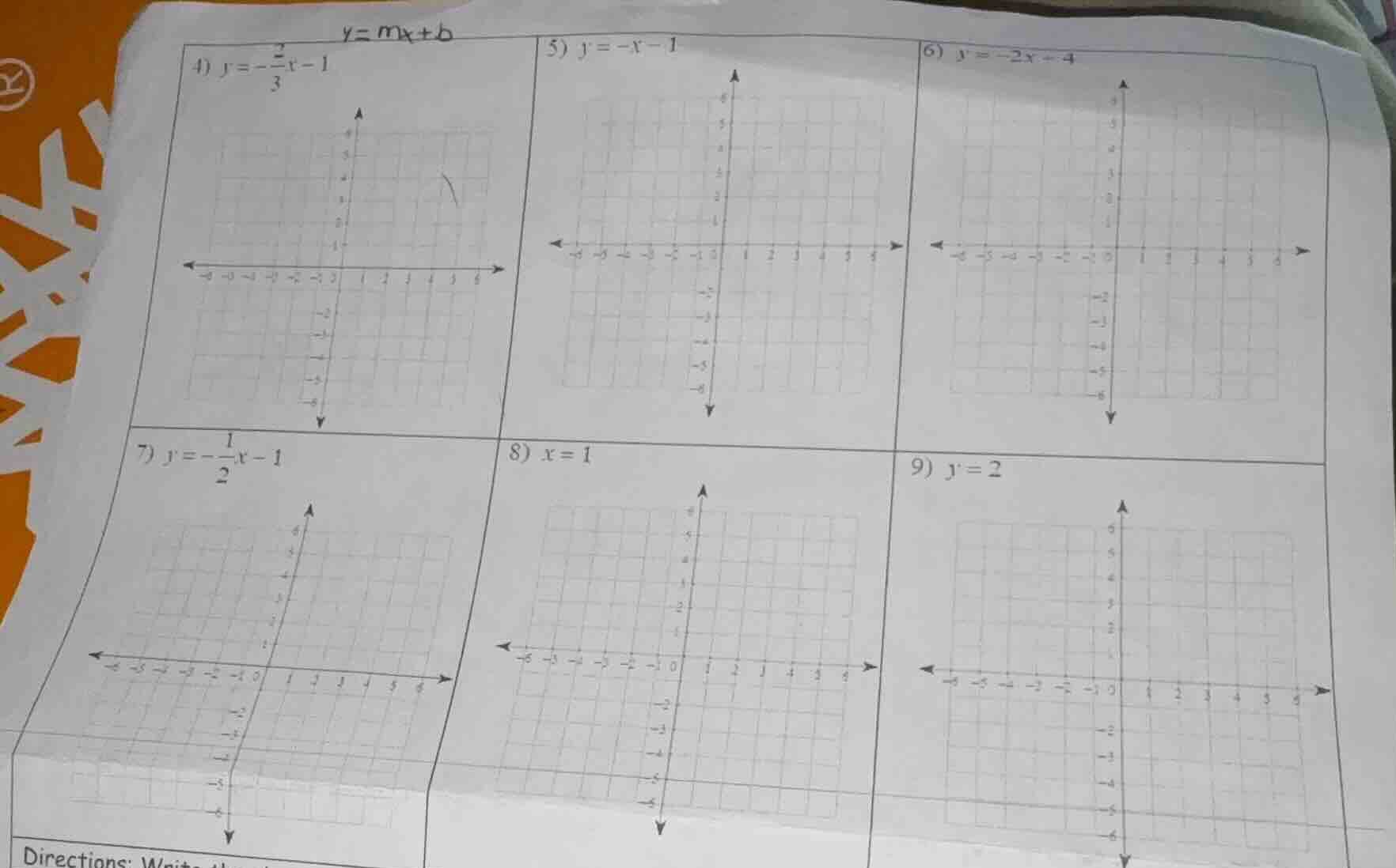 $y=mx+b$ 4) $y=-\frac{2}{3}x-1$ 5) $y=-x-1$ 6) $y=-2x-4$ 7) $y=-\frac{1…