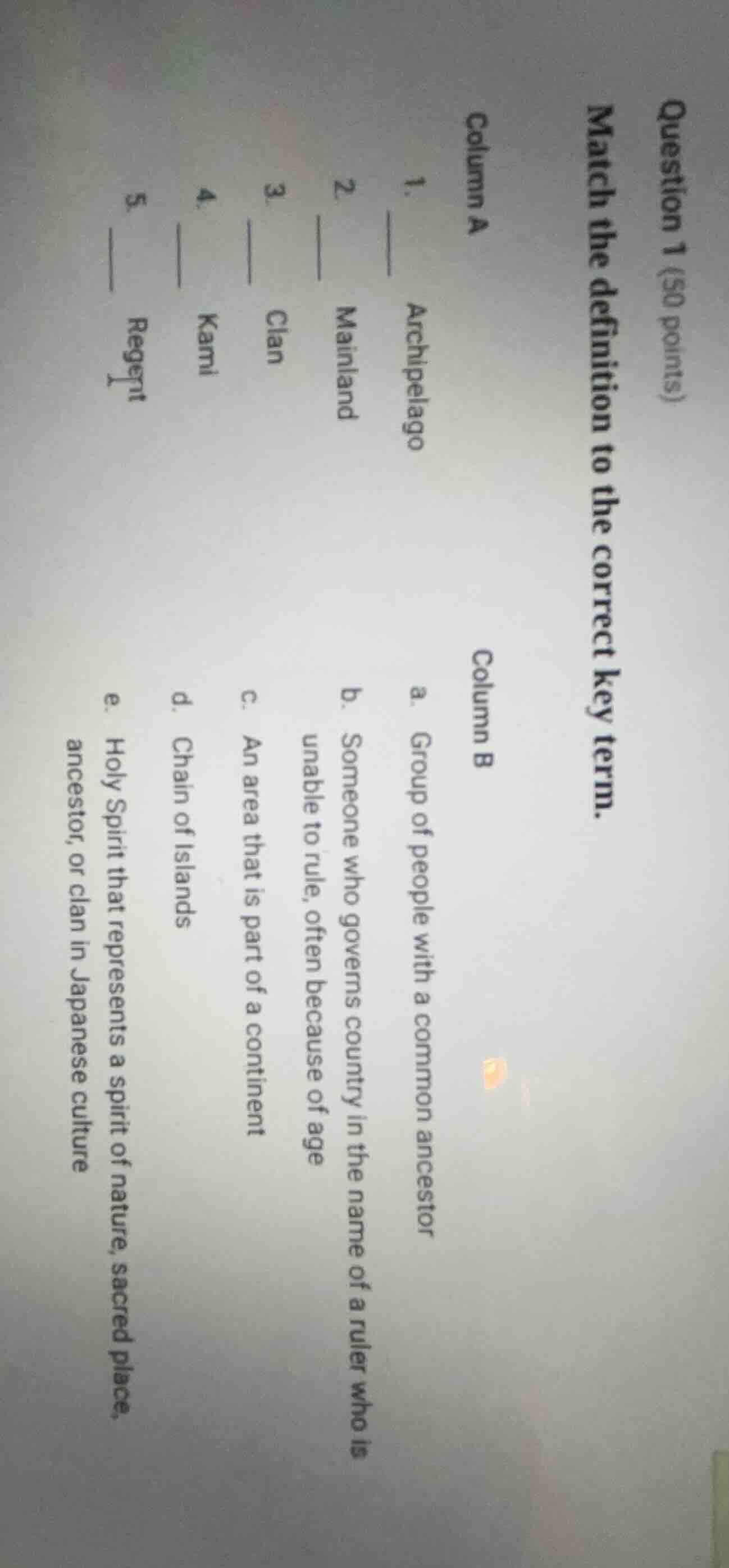 question 1 (50 points) match the definition to the correct key term. co…