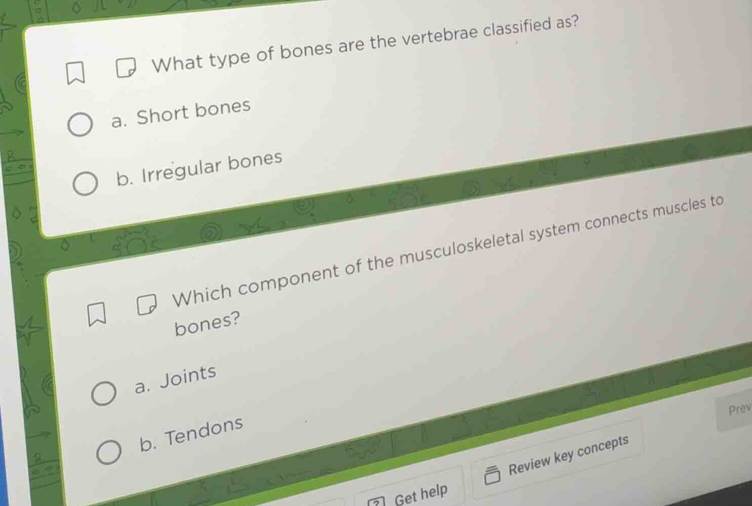 1. what type of bones are the vertebrae classified as? ○ a. short bones…