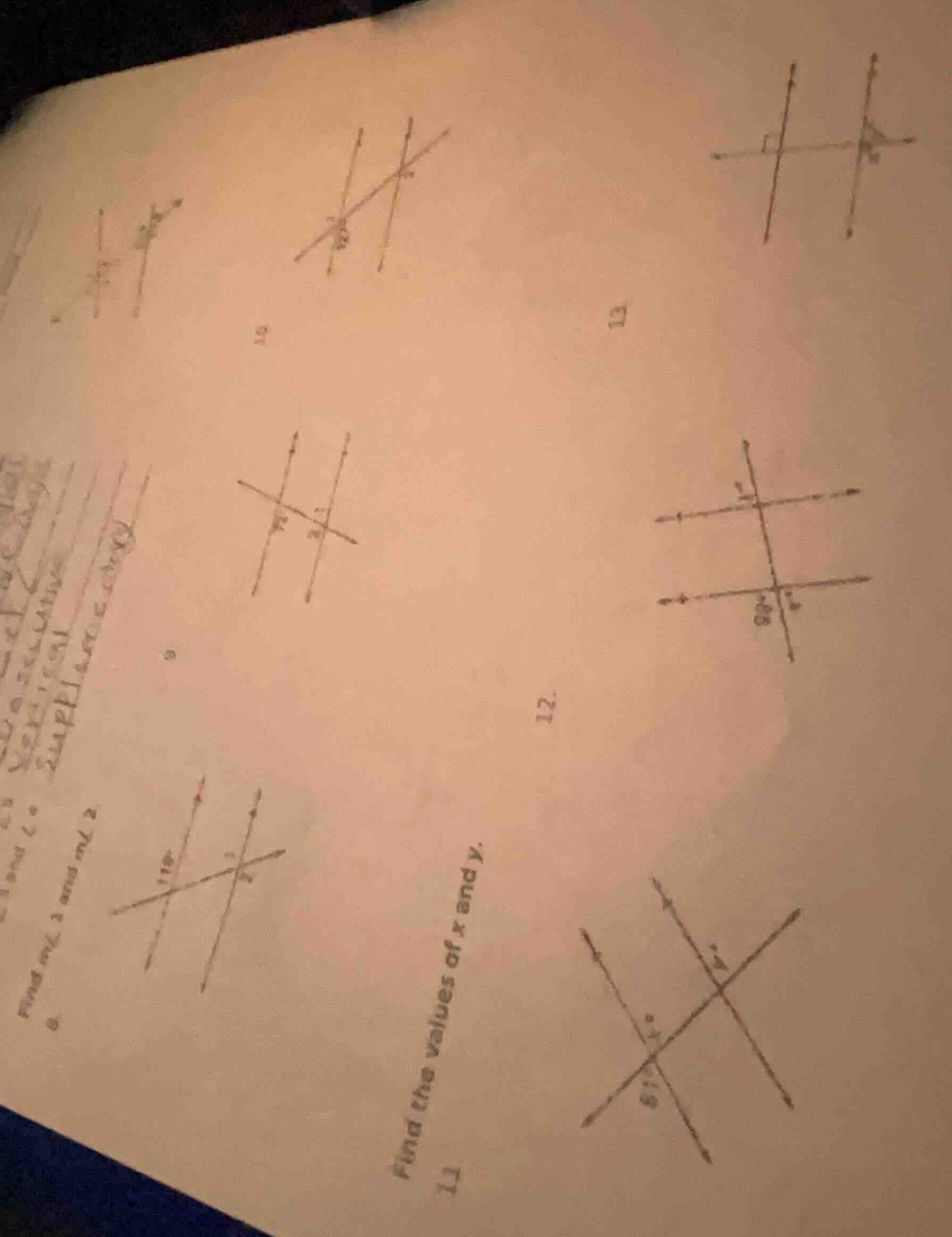 8. find $m\\angle 1$ and $m\\angle 2$. 11. find the values of $x$ and $…