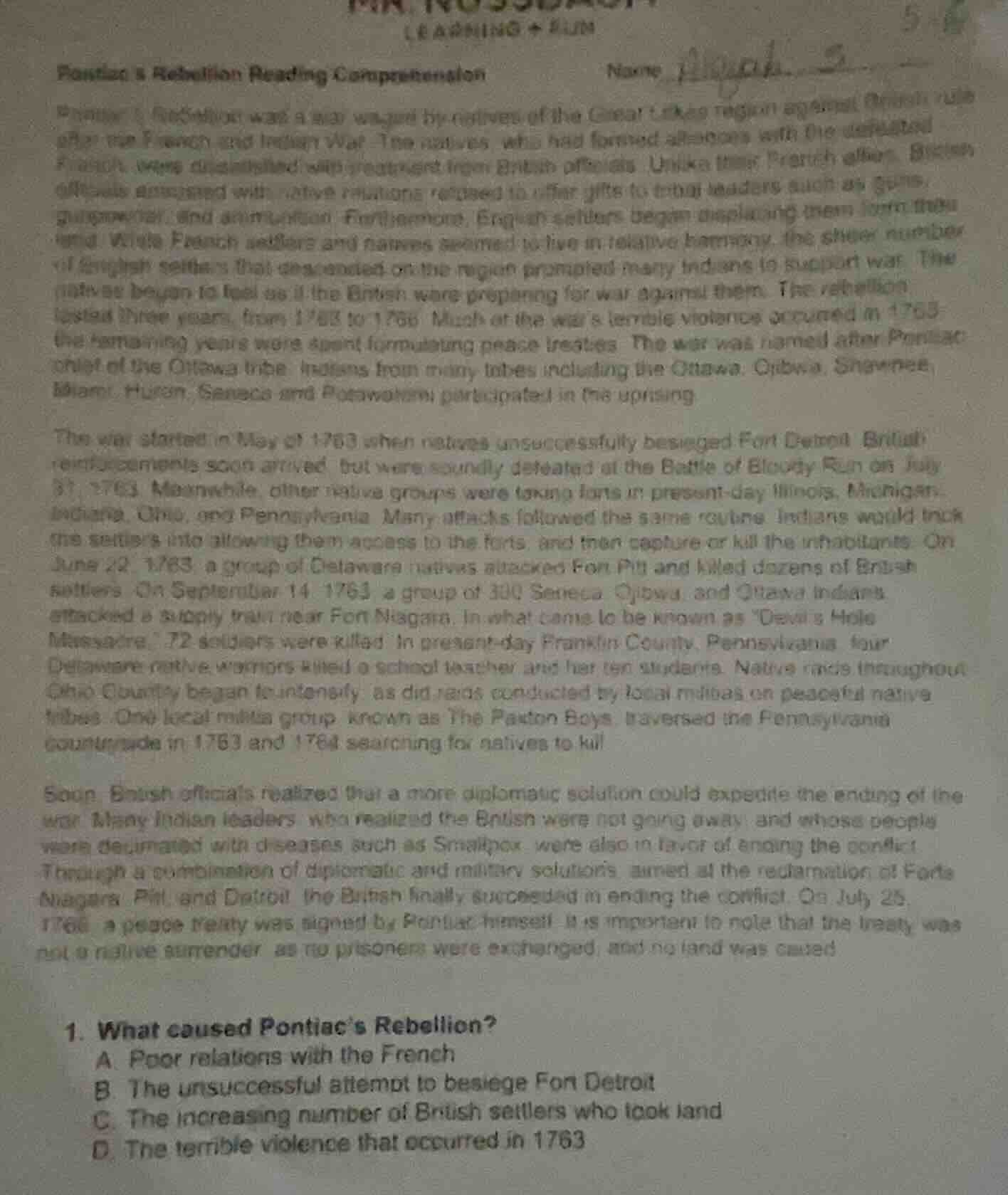 pontiacs rebellion reading comprehension name:pontiacs rebellion was a …