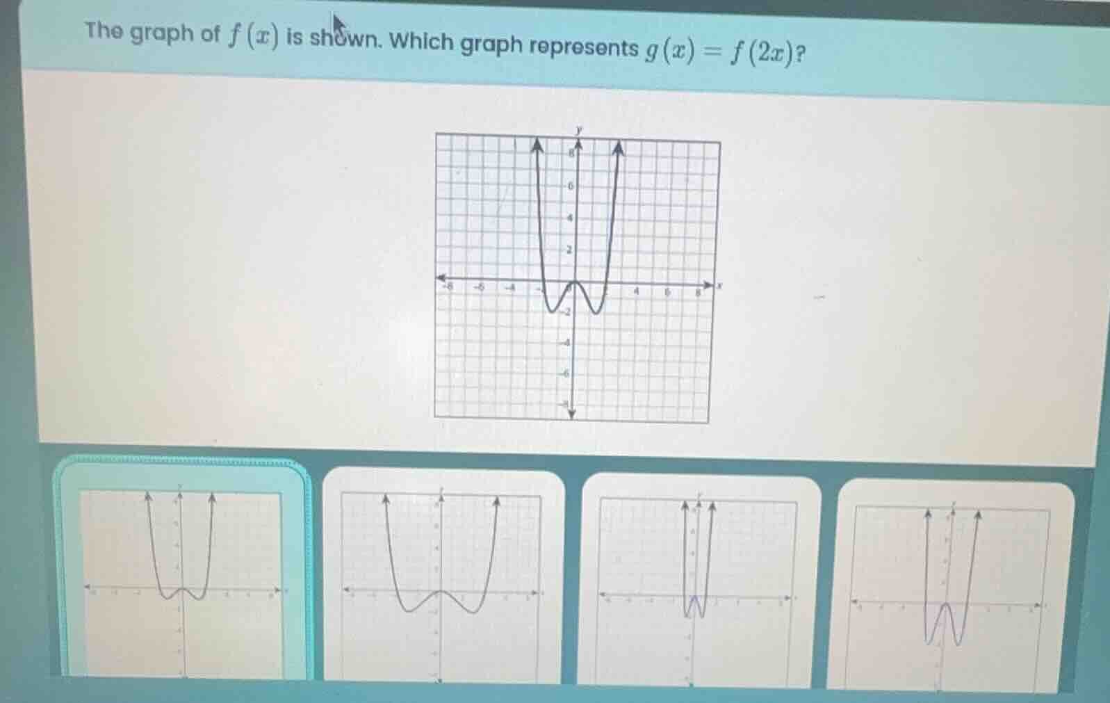 the graph of $f(x)$ is shown. which graph represents $g(x)=f(2x)$?