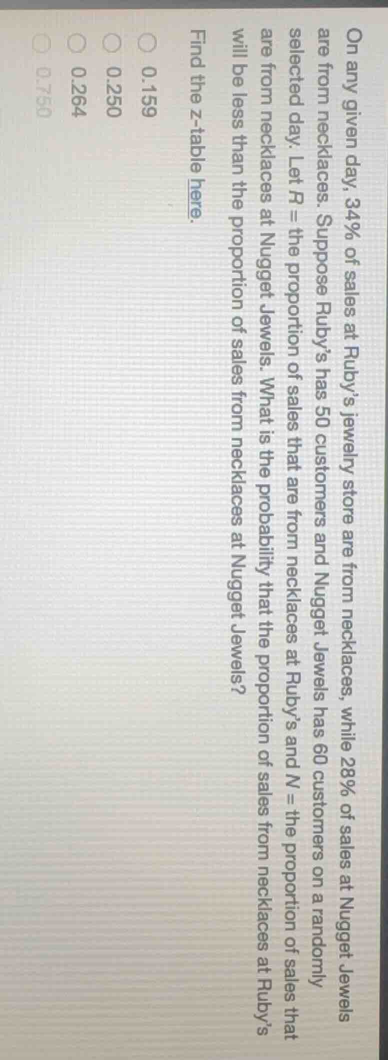 on any given day, 34% of sales at rubys jewelry store are from necklace…