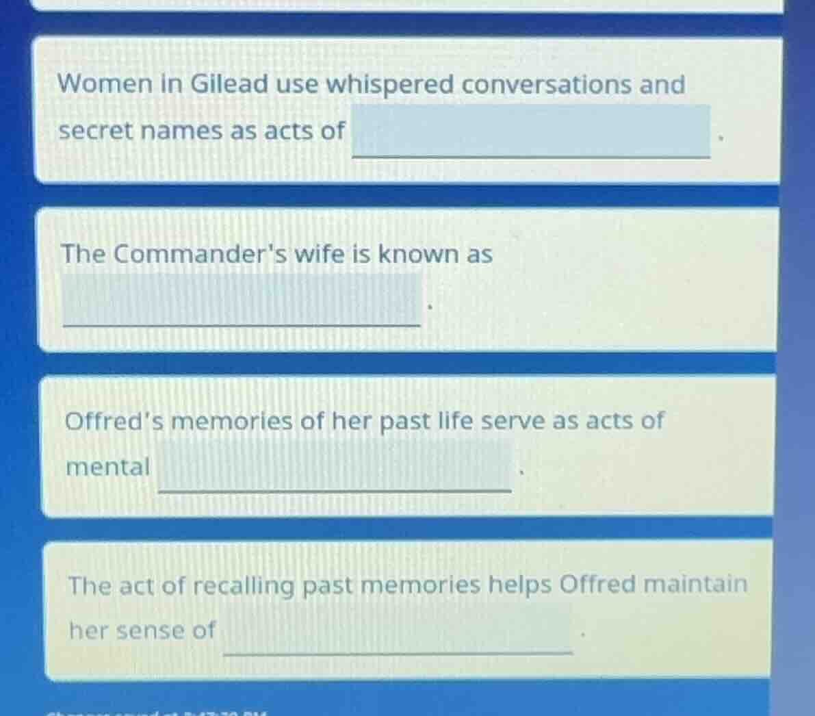 women in gilead use whispered conversations and secret names as acts of…