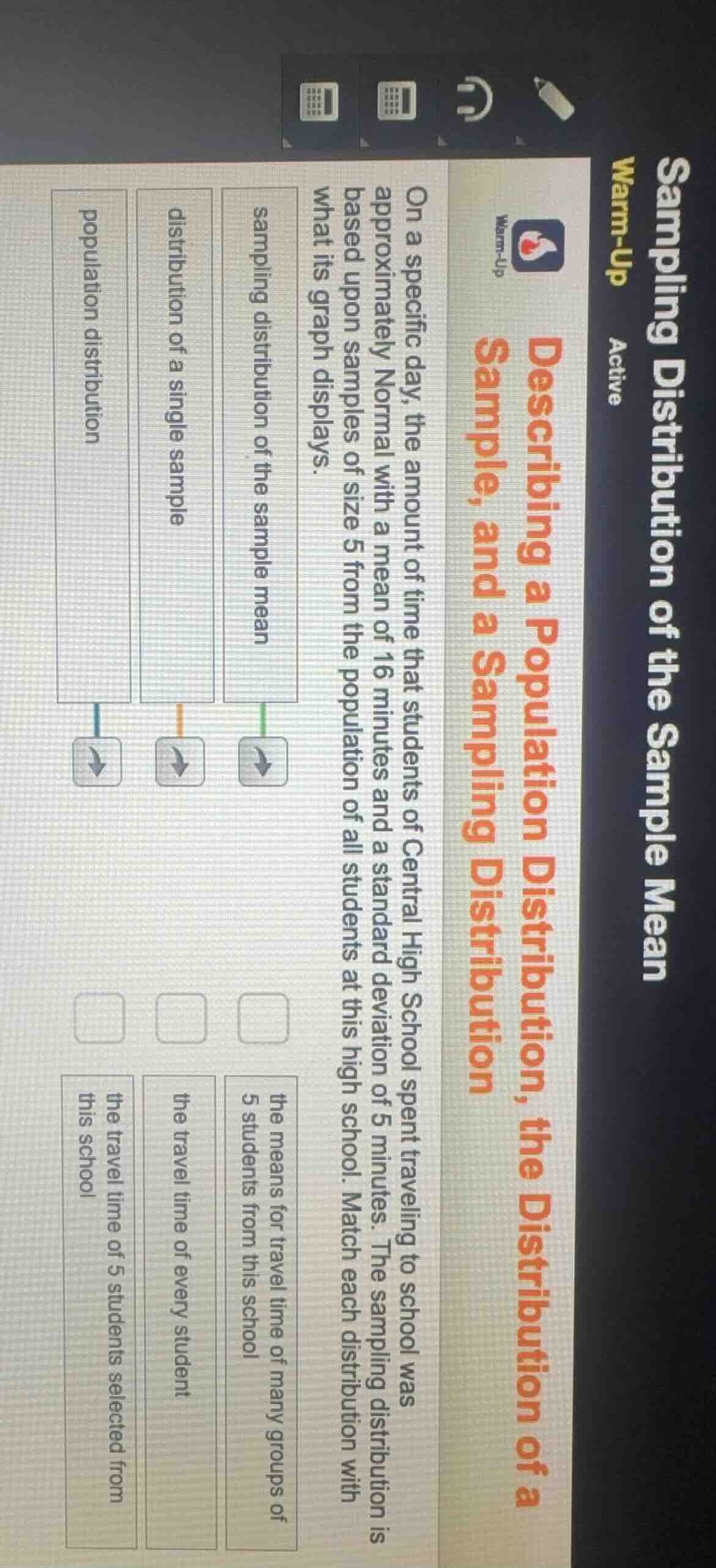 sampling distribution of the sample mean warm-up active warm-up describ…