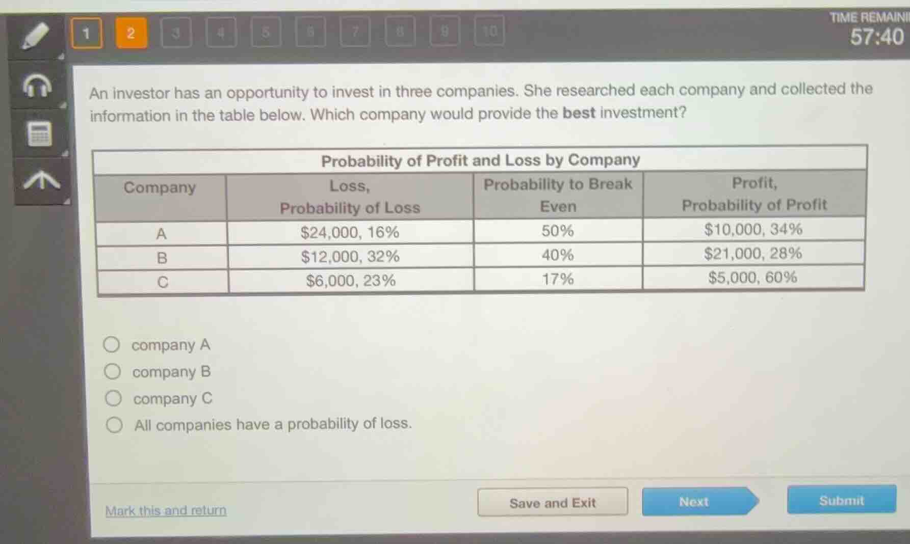 an investor has an opportunity to invest in three companies. she resear…