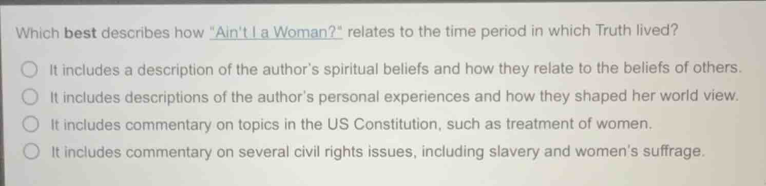 which best describes how \aint i a woman?\ relates to the time period i…