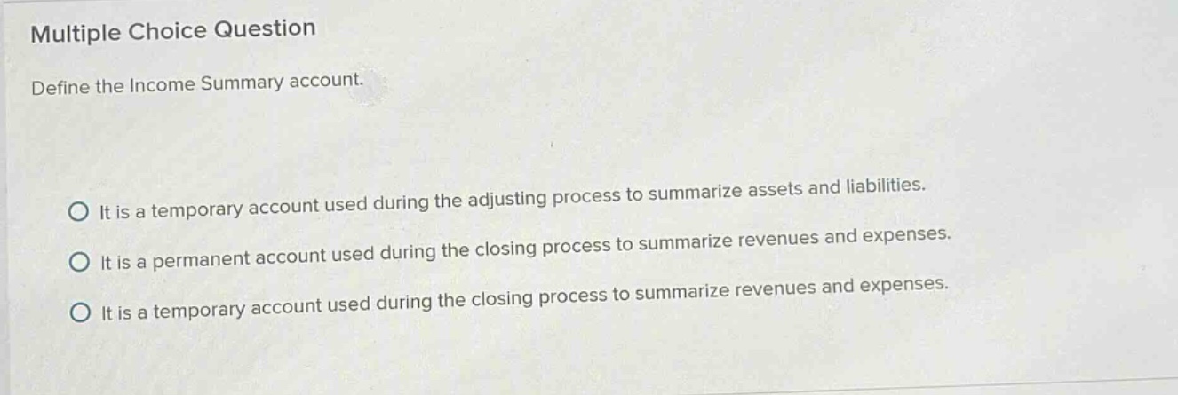 multiple choice question define the income summary account. it is a tem…