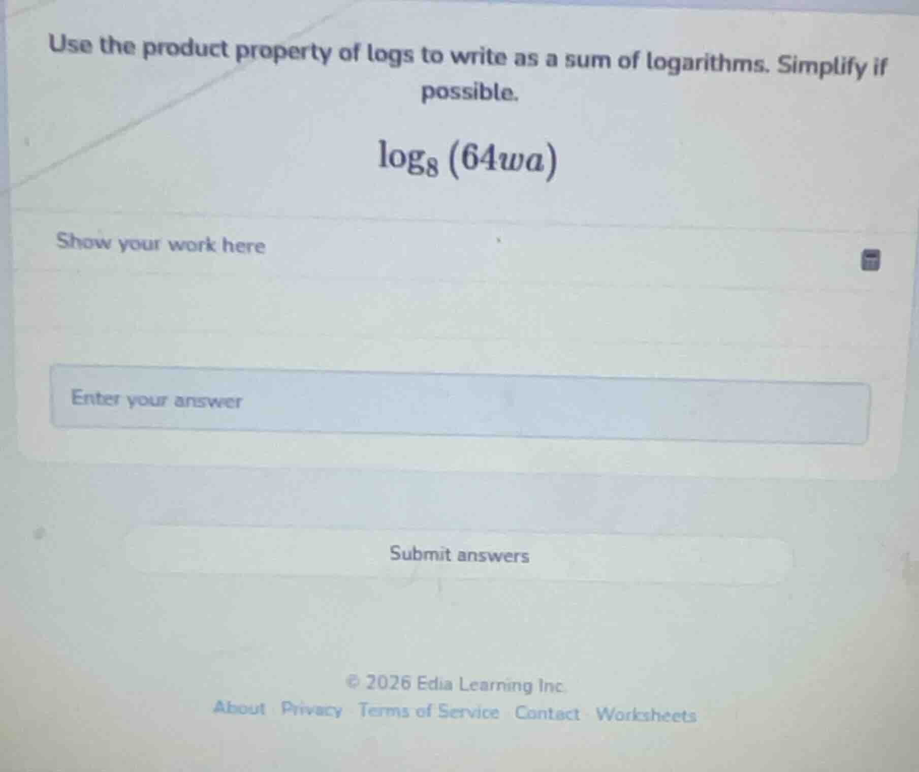 use the product property of logs to write as a sum of logarithms. simpl…