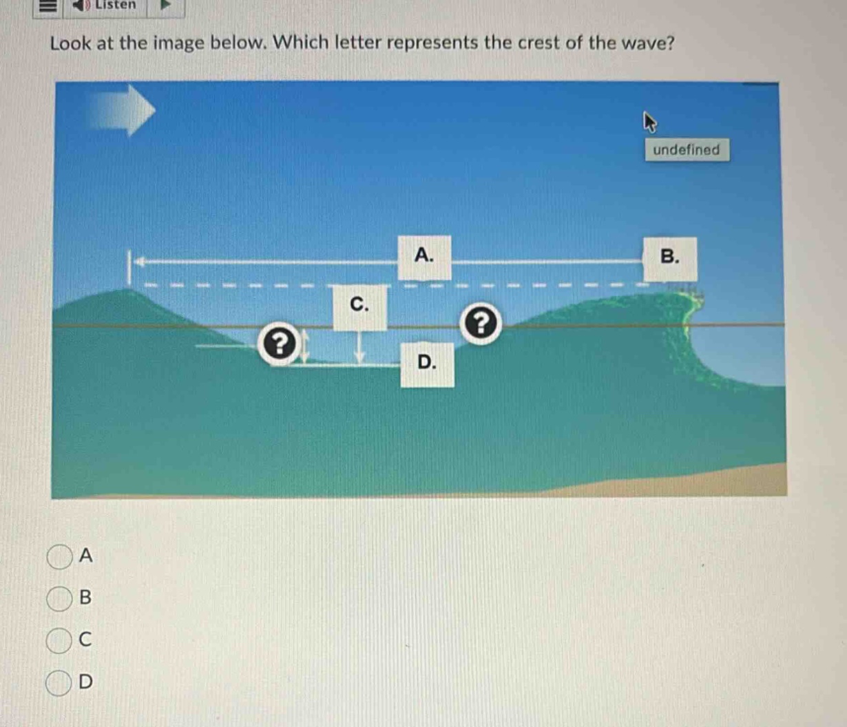 look at the image below. which letter represents the crest of the wave?…