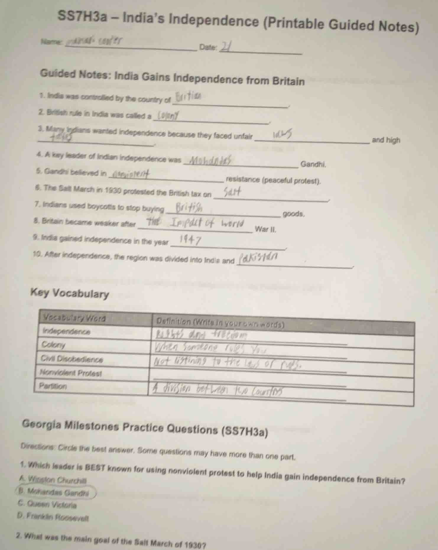 ss7h3a – indias independence (printable guided notes)name: date: guided…