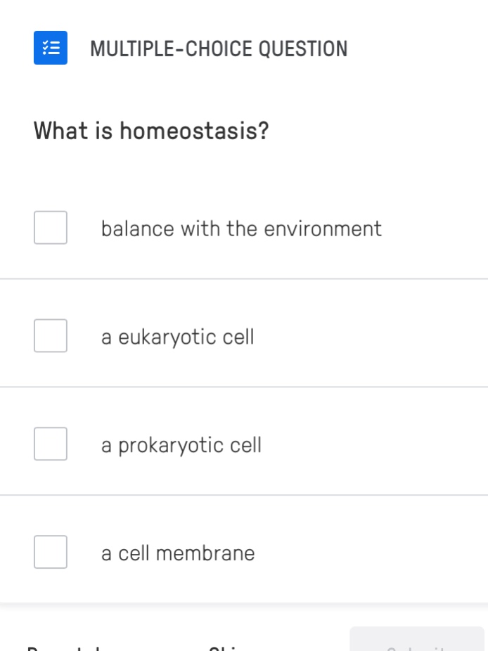 multiple-choice question what is homeostasis? balance with the environm…