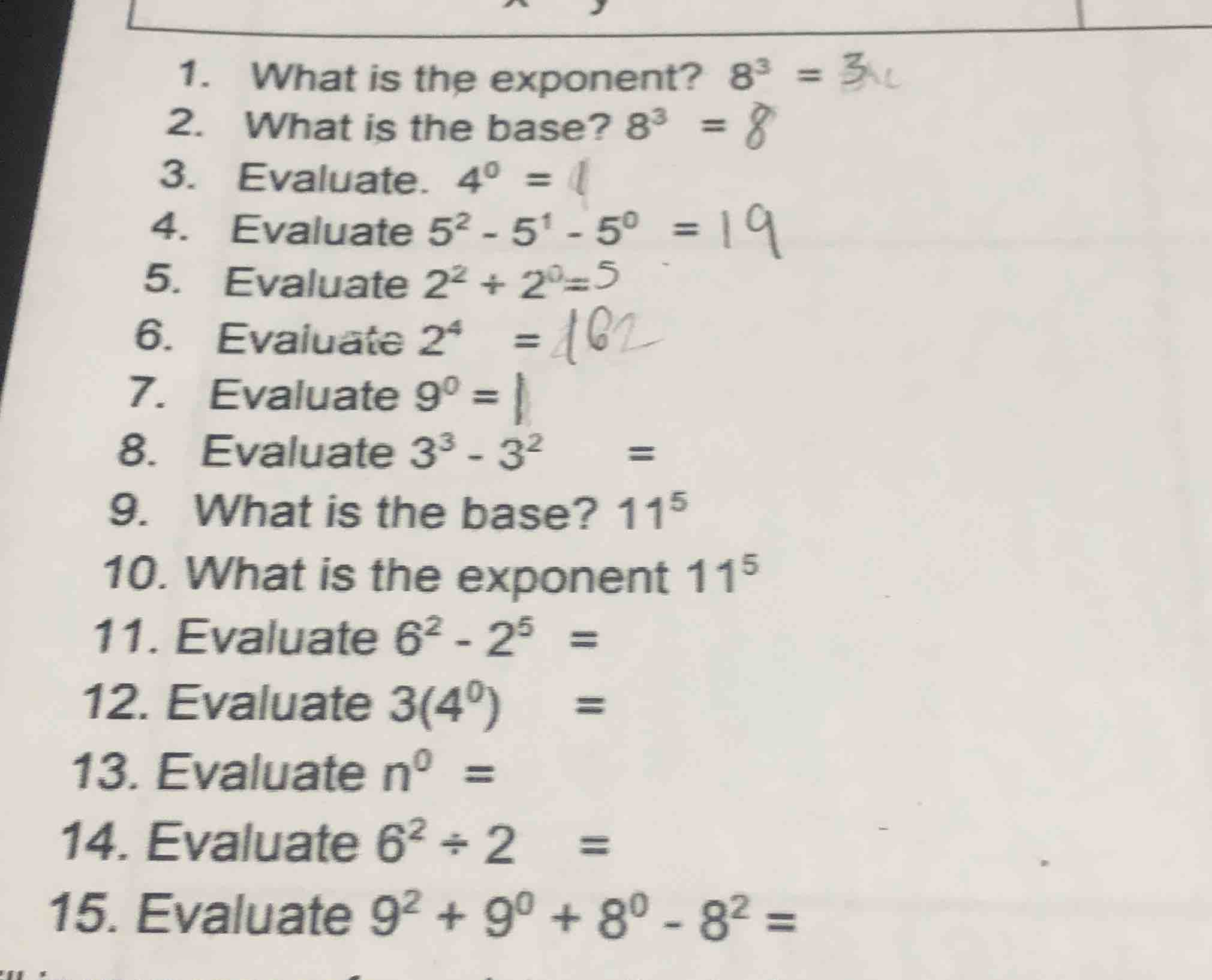 1. what is the exponent? $8^{3}$ =2. what is the base? $8^{3}$ =3. eval…