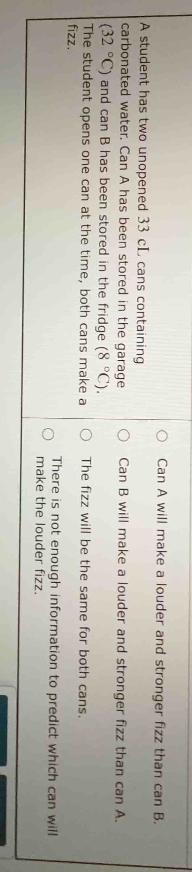 a student has two unopened 33 cl cans containing carbonated water. can …