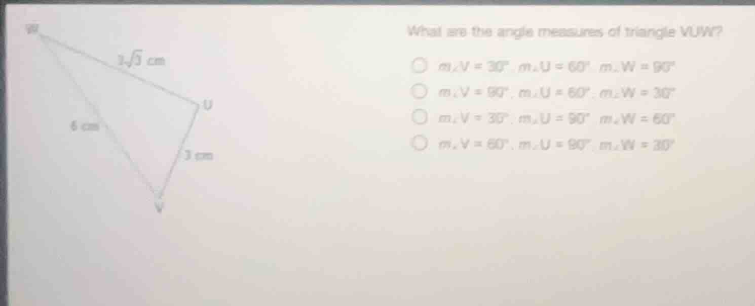 what are the angle measures of triangle vuw?$mangle v = 30^circ$, $mang…