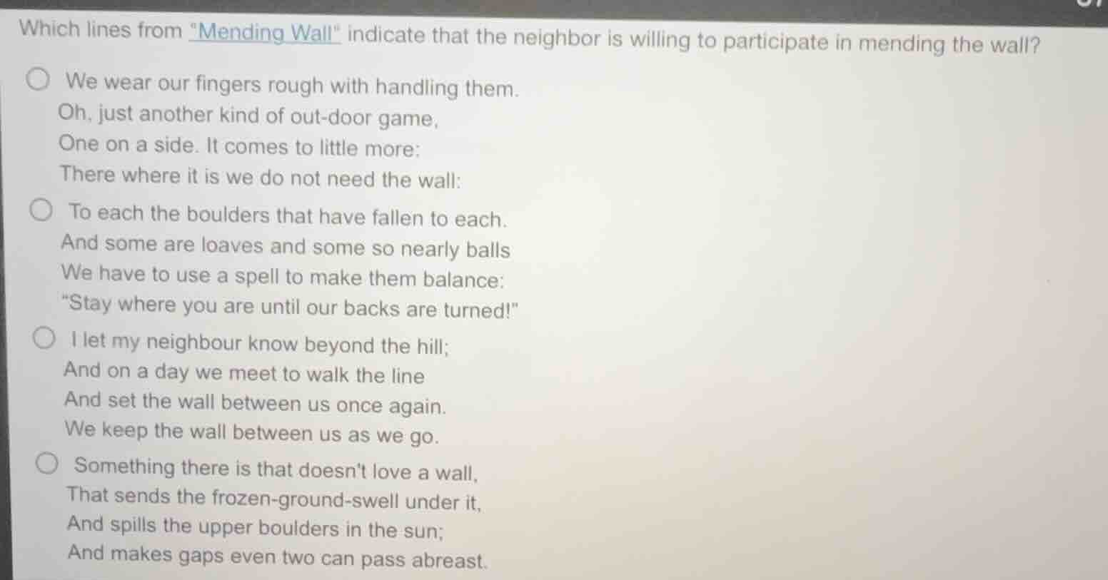 which lines from \mending wall\ indicate that the neighbor is willing t…