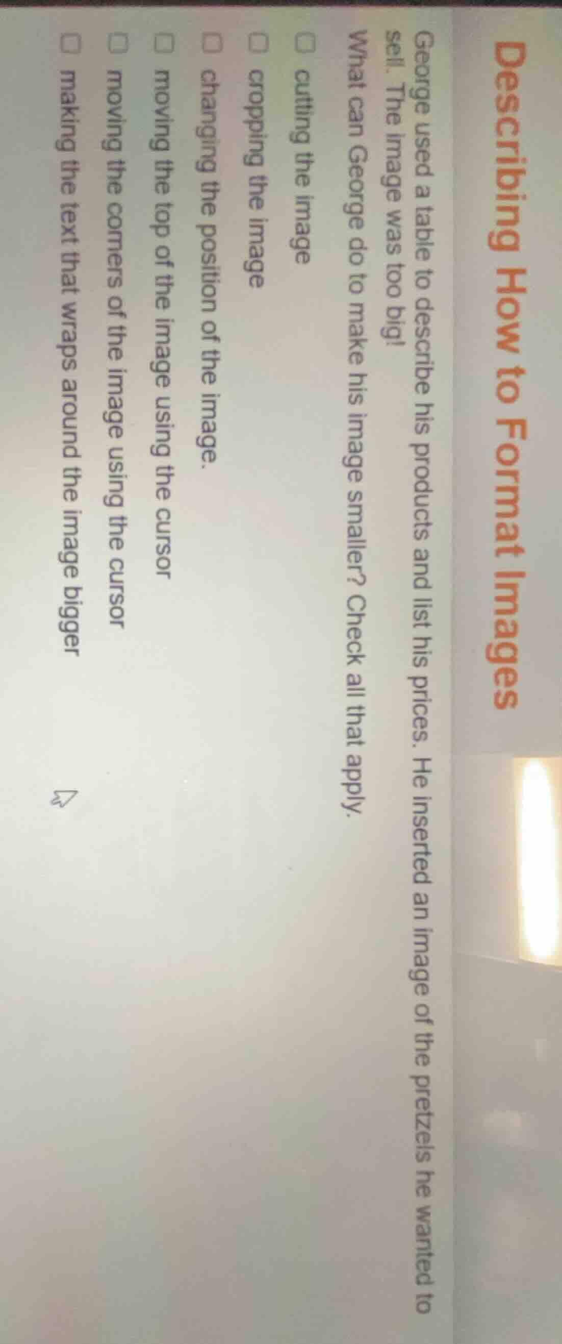 describing how to format images george used a table to describe his pro…