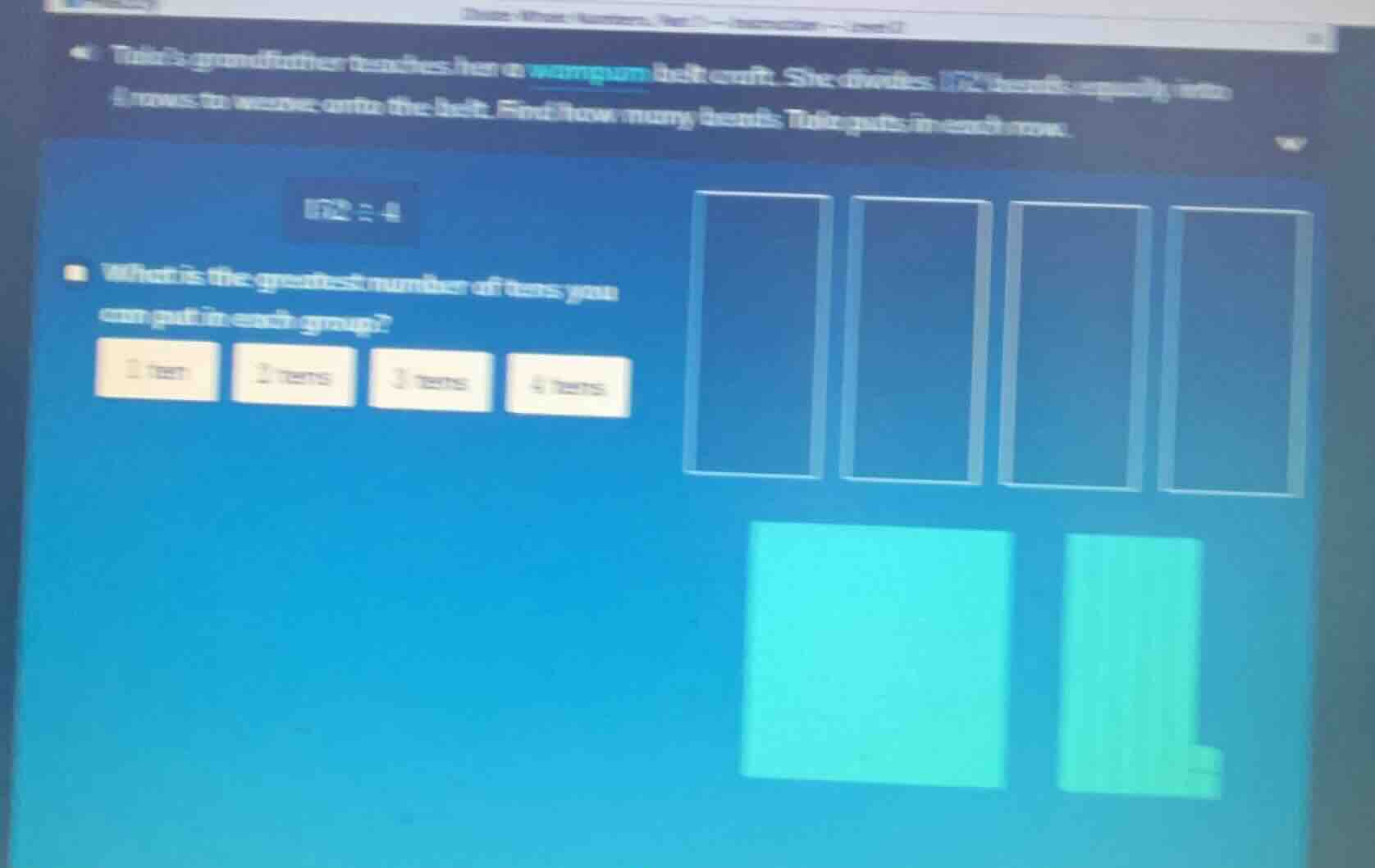 tulas grandmother teaches her a wampum belt craft. she divides 172 bead…