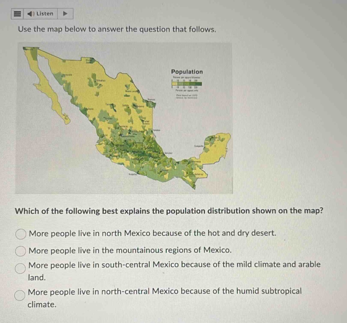 listen use the map below to answer the question that follows. populatio…