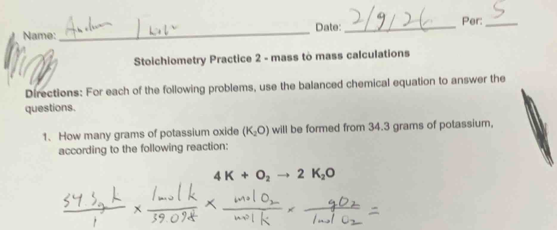 name: ____________ date: 2/9/26 per: 5 stoichiometry practice 2 - mass …