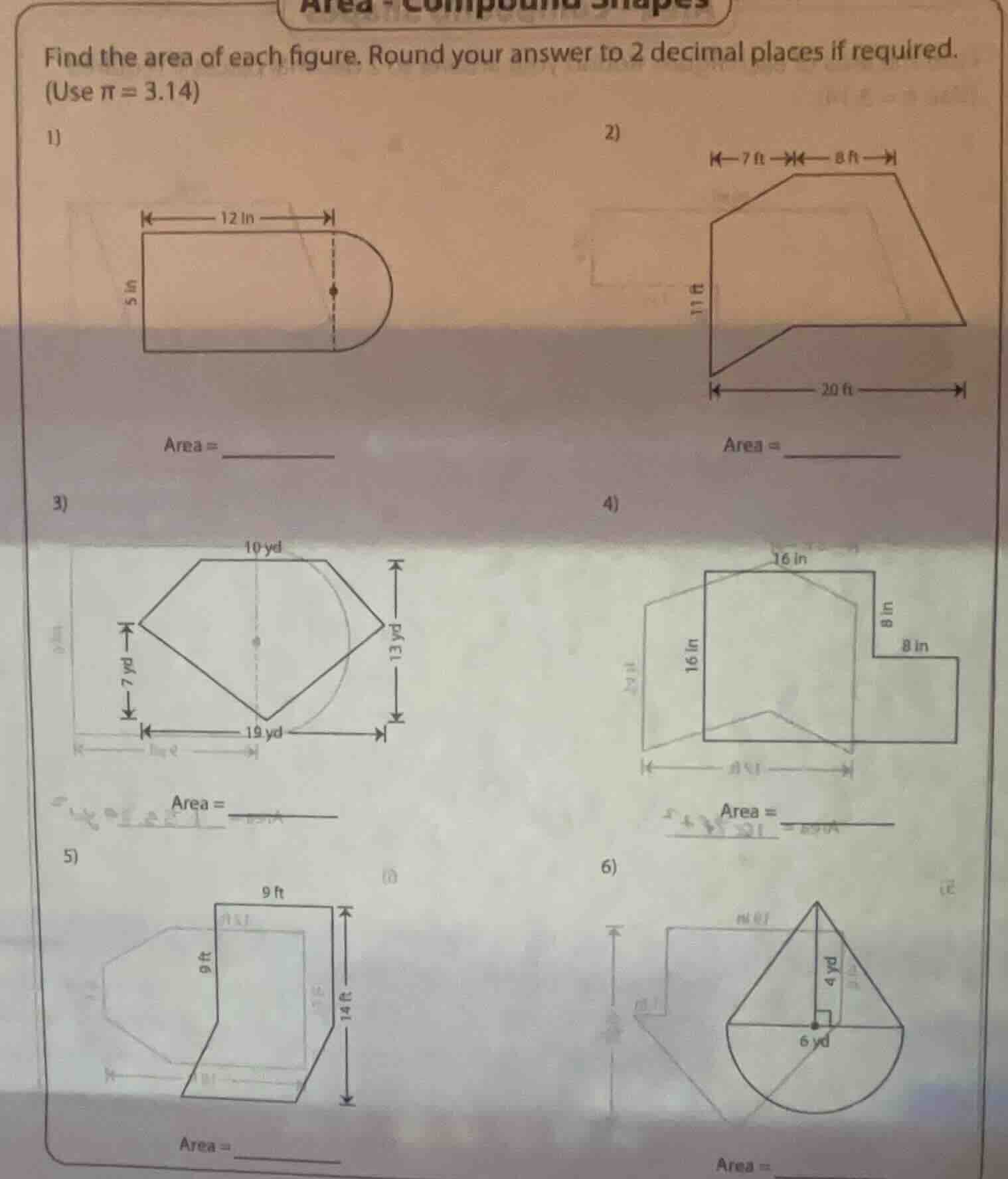 area - compound shapes find the area of each figure. round your answer …