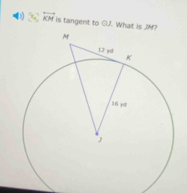 $km$ is tangent to $odot j$. what is $jm$?