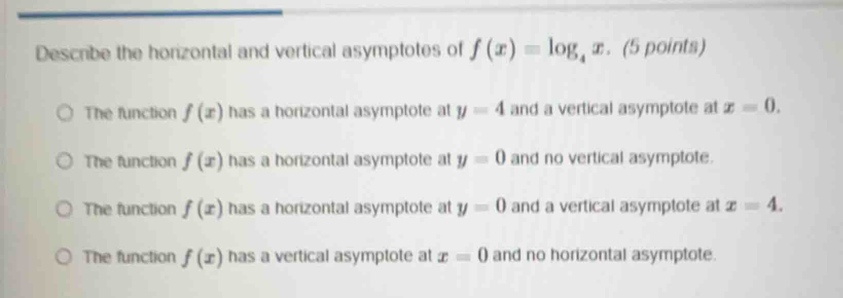 describe the horizontal and vertical asymptotes of $f(x)=\\log_{4}x$. (…