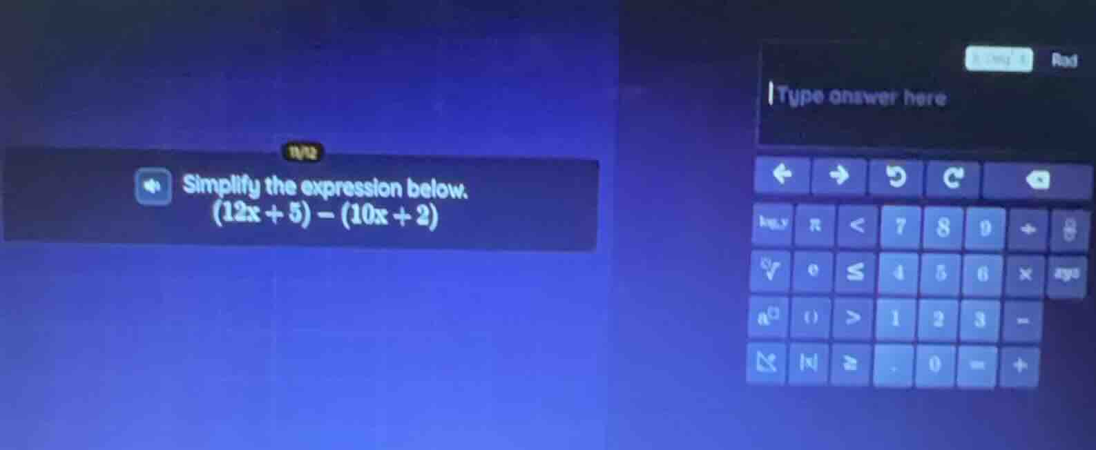 simplify the expression below. $(12x + 5) - (10x + 2)$